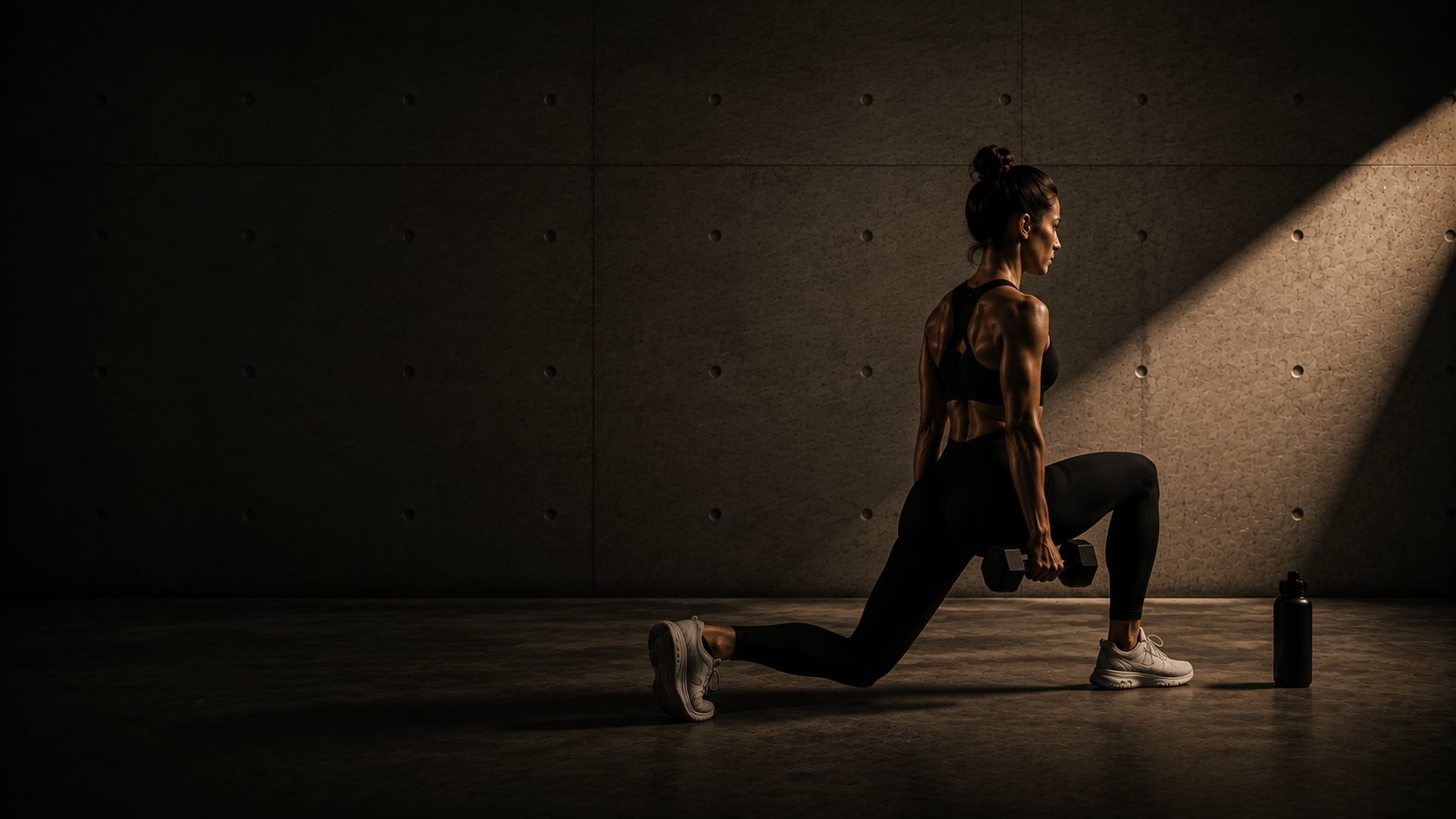 Athlete performing a weighted lunge in a dimly lit concrete gym
