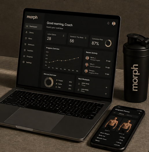 Morph coaching dashboard on a laptop next to a phone showing progress photos